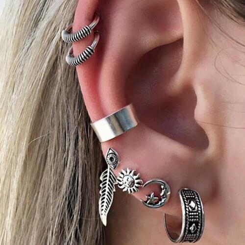 Womens Fashion Bohemia Vintage Stud Earrings Ancient Silver Color Cuff Earring Set Leaf Sun Small Earrings Clips Charming Gifts