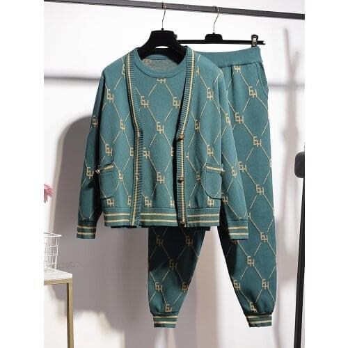 High Quality Autumn Women Long Sleeve Knit Set Cardigan Coat +Short Sleeve Sweaters +Long Pants Casual Knitted Three Piece Suit