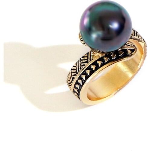 KOMi Hawaii Polynesian Style Rings for Women Men Pearl Black Enamel Borders Tribal Ring Couple Jewelry US SIZE 6-13 GJZ303