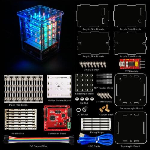 2018NEW! Keyestudio 4*4*4 RGB LED Display C ube Starter Kit for Arduino project+RGB Driver board+FDTI module (Unassembled)