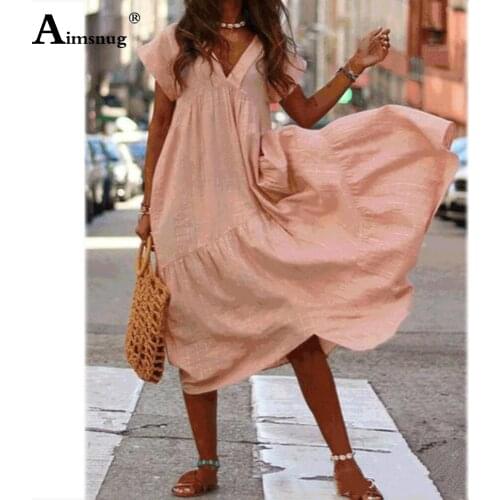 Aimsnug 2021 Summer Ladies Elegant V-neck Mid-Calf Dress Solid Loose Dresses Plus size 4xl 5xl Women Casual Loose Dress Femme