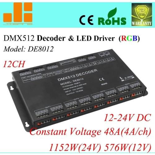 Free Shipping 12V/24V DMX Decoder & LED Driver 12 Channels LED RGB Controller DE 8012
