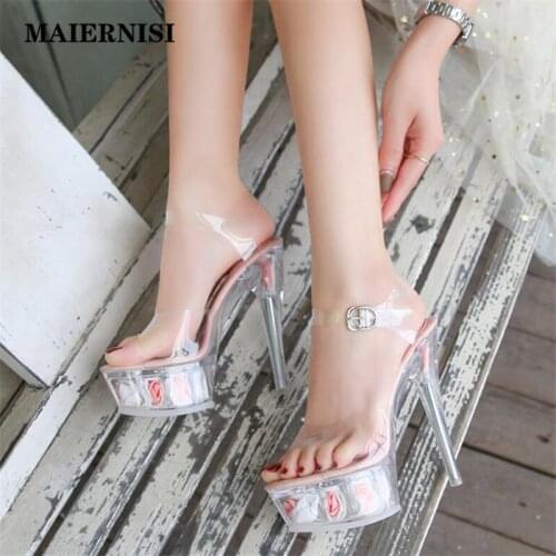 Walking Show Stripper Heels Clear Shoes Woman Platforms High Heels Sandals Women Sexy Big Yard Fish Mouth Shoes 2021 New Crystal