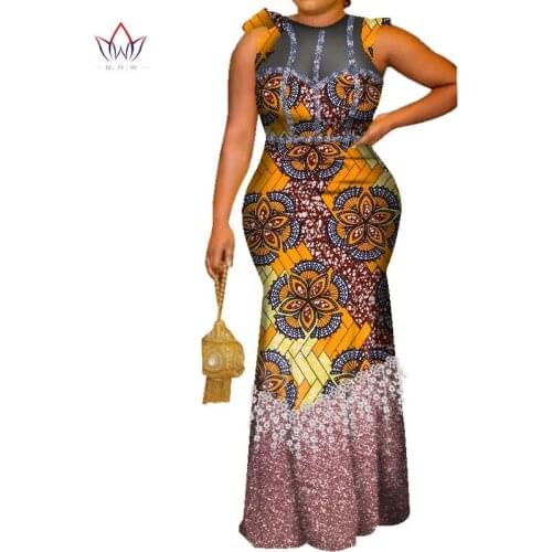 BRW African Dresses for Women Sleeveless bling lace Long Dresses Riche Africa Woman Dress Print Mermaid Party Clothing WY7571