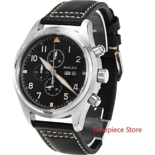 5ATM 45mm Pilots MIYOTA Watch Spitfire Black Dial 3EYES Chronograph Day/Date Domed Sapphire Crystal Leather Strap Full Luminous