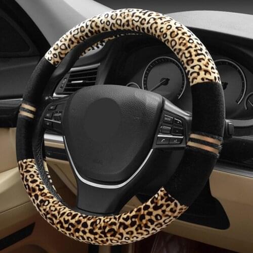 Winter Steering Wheel Cover Leopard Print Soft Plush Steering Wheel Protector Pad 37cm 38cm Universal Car Interior Accessories
