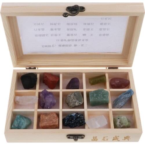 Wooden Box 15-piece Rock Mineral Science Kit, Rock Samples for Science Classroom Study