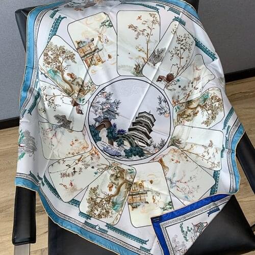 Double Sides Twill Silk Square 18mm Hangzhou Women 100% Real Silk Square Scarf 90x90cm Bufanda Mujer Printed Handrolled Edge