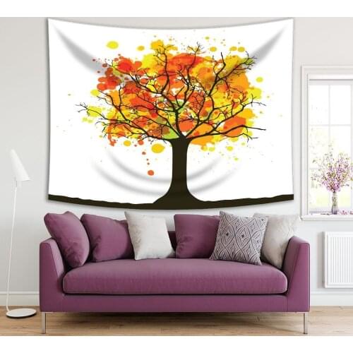 Tapestry A Tree in Autumn with Colorful Leaves Paint Splashes Watercolor Painting Art Printed Yellow Orange Black