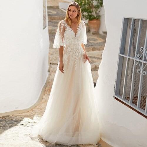 UZN Ivory A Line Lace Appliques Tulle Wedding Dress V Neck Half Puff Sleeves Bridal Gown Zipper Back Brides Gowns Vestido De