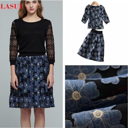 LASUI2019 1Y New jean fabrics Cotton denim embroidery mesh lace hollow 3D Creative perspective fabric DIY dress X0280