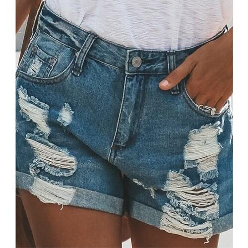 2020 Summer Womens Street Trendy Fashion Holes All-match Denim Straight Shorts