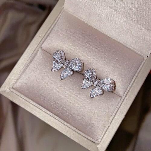 Fashion Female Cute Bowknot 925 Silver Earrings Pendant Necklace Jewelry Set Bling Zirconia Wedding Bridal for Brides Jewelry