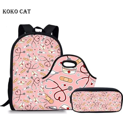 KOKO CAT Children School Bag Sets Girls Teenager Backpack Set Cute Nurse Pattern Travel Daypack Mochila Feminina Bolsas De Mujer