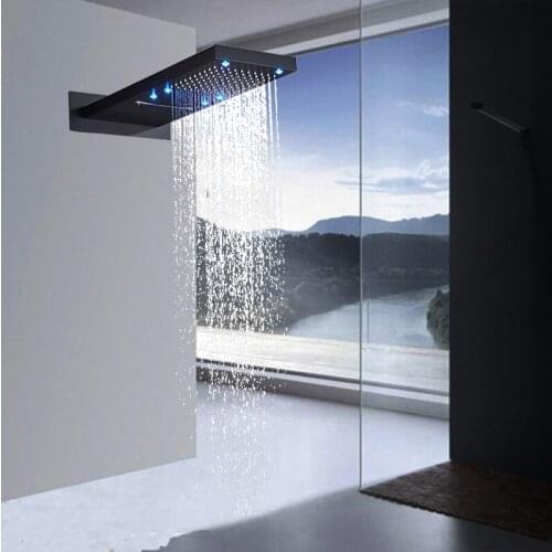 Black LED Shower Head Wall Mounted Rectangle Golden Rainfall Waterfall 2 Function Water Outlet Bathroom Shower Head Faucet