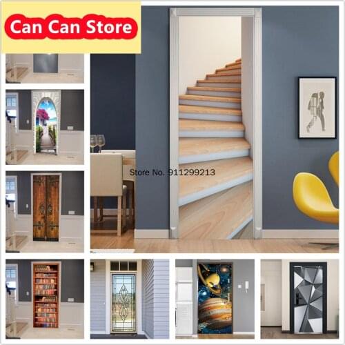 3D Door Room Decoration Mural Planet Aircraft Universe Sticker Doors Mysterious World Wallpaper Decals Home Pegatinas de Puerta