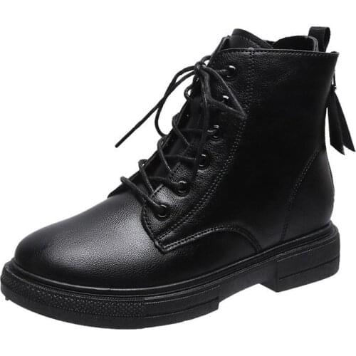 2020 New Ankle Boots Women Back double zipper Leather Cross-Tied Round Toe Lady Fashion Boots Winter Platform Shoes Handmade