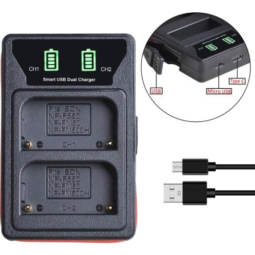 NP-FM500H Battery Charger with USB and Type C port for Sony A200, A200K, A200W, A300, A350, A450, a580, NP FM500H, NP-F550 FM50