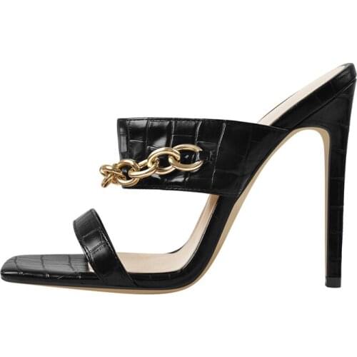 Onlymaker Womens Summer High Heels Black Sandals Slip-On Open Square Toe Chain Strap Shoes Party Dress Casual Big Size US5-15