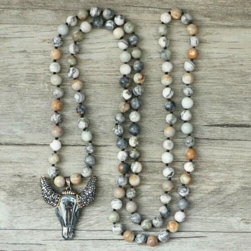 EDOTHALIA 8mm Natural Gray Picasso Stone Bead Necklaces For Women And Men Lovers Gift Cattle Head Bead Knotted Long Necklaces