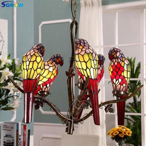 SGROW Stained Glass 5 Heads Parrot Bird Chandeliers Tiffany Art Hanging Lamp Indoor Lighting Fixture for Living Room Dining Room