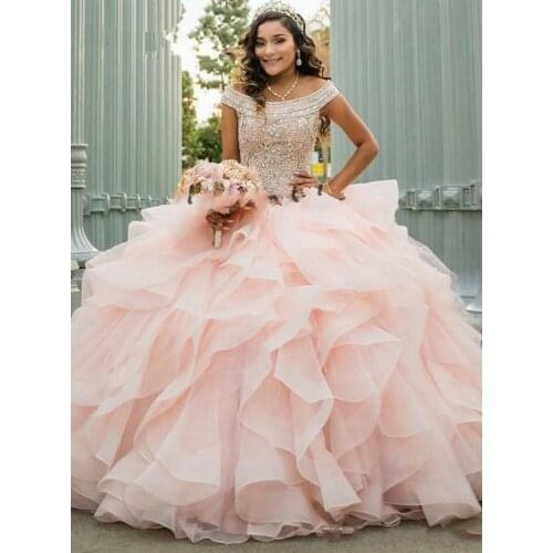 Luxury Crystal Beaded Debutante Ball Gowns Quinceanera Dresses Off Shoulder Ruched Puffy Organza Sweet 16 Dress