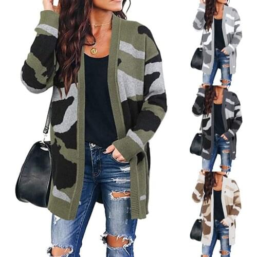 Camouflage Printed Long Sleeve Cardigan Womens Autumn New Fashion Casual Loose V-neck Jacket Long Knitted Tops Female Plus Size