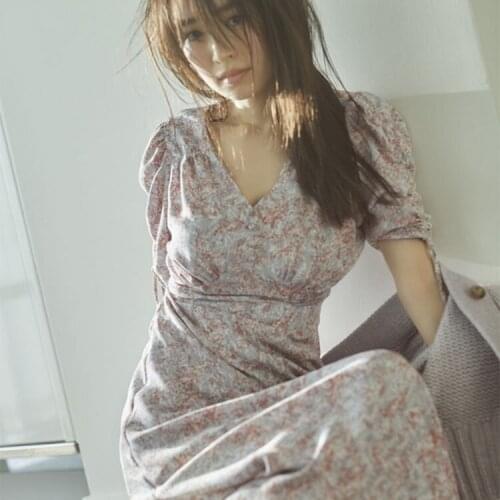 S family 21 spring French floral drawstring bubble sleeve bandage waist closing printing tea break dress