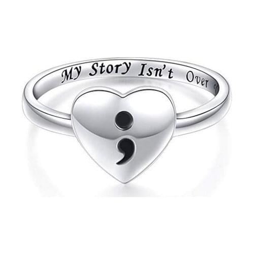 S925 Sterling Silver Heart Semicolon Ring Motivational Inspirational Gift Drop shipping with black box YLQ2084