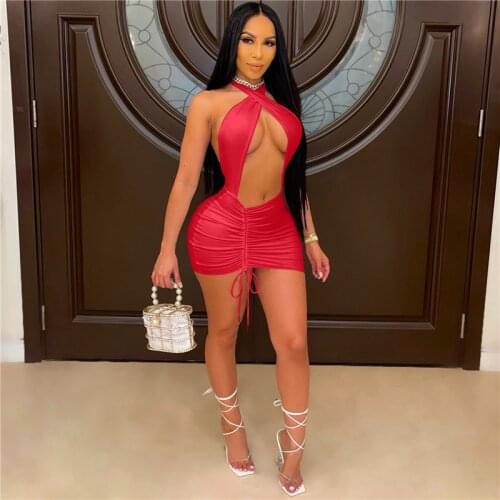 Zoctuo Sexy Hollow Out Solid Mini Dress Halter Backless Party Club Dress Sexy Bodycon Rouched Drawstring Dresses For Women