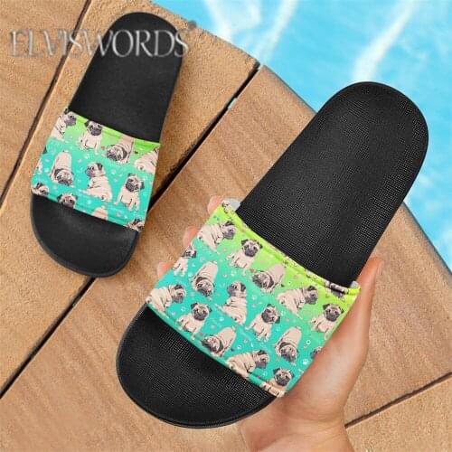 ELVISWORDS Cartoon Pug Print Slippers for Women 2021 Brand Ladies Slides Sandalias Lovely Unisex Flats Home Shoe Mules 1 Pcs POD