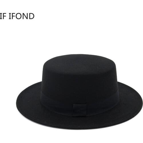 Women Men Flat Top Hat Wide Brim Felt Fedora Hat Winter Autumn Imitation Woolen Round Simple Church Derby Jazz Hat