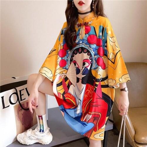 Modern Cheongsam Dress Women Summer Fashion Chinese Style Vintage Printing Comics Robe Clothing Casual Mujer Plus Size Vestidos