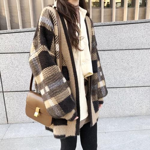 Harajuku Retro Sweater Coat Women Autumn Mink Plaid Knit Cardigan Korean Loose Mohair Cardigan Jacket Women Oversized Tops f1648
