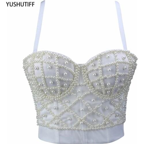 Femme Thin Straps Summer Top Cropped Sexy Corset Tops Women Beading Pearl Black Crop Top With Built In Bra Nightclub Cami Top