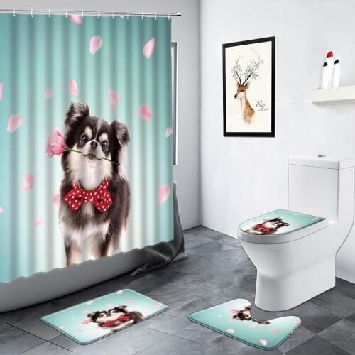 Funny Animals Cats Dogs Shower Curtain Rose Pet Personality Bathroom Decor Curtains Anti-slip Carpet Toilet Cover Bath Mats Set