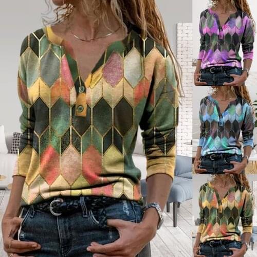 Women Retro Geometric Print Buttons Blouse Female Shirt Vintage Blouse Loose Street Shirts Pullover V Neck Long Sleeve T-shirt