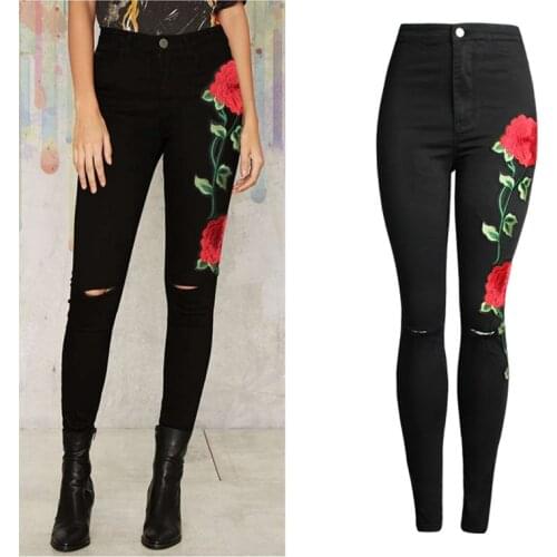 Womens denim trousers 3D embroidered womens high-waisted jeans Womens trousers black feet pants