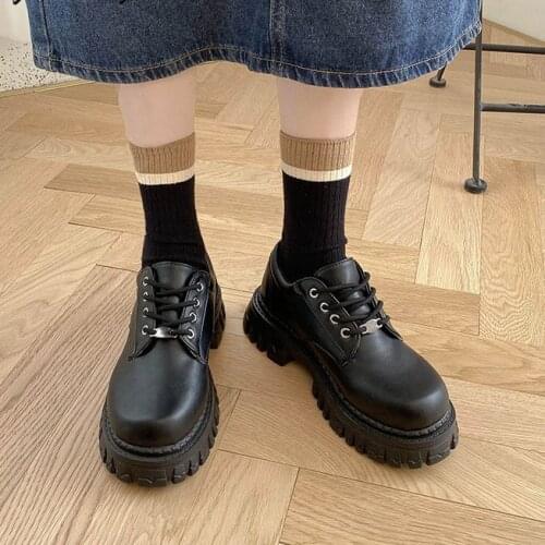 Women Oxfords 2021 Spring Autumn Casual Platform Shoes Black Lace Up Leather Shoe Sewing Fashion Round Toe Chunky Sole