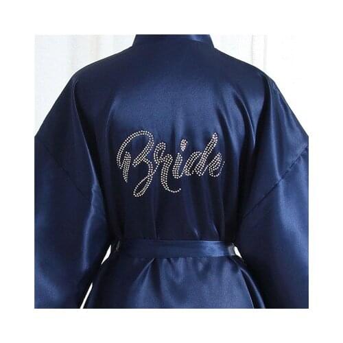 Women Silk Satin Wedding Bride Robe With Silver Letter Solid Bathrobe Short Kimono Robe Night Robe Bath Robe Femme Dressing Gown