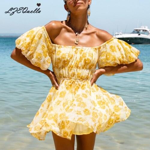 Floral Print A Line Mini Dress Women Off Shoulder Puff Sleeve Chiffon Dresses High Waist Ruffles Pleated Party Vestidos NZ3577