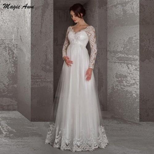 Magic Awn Full Sleeves Maternity Wedding Dresses Lace Appliques Illusion A-Line Bohemian Pregnant Mariage Gowns Lace-Up Back