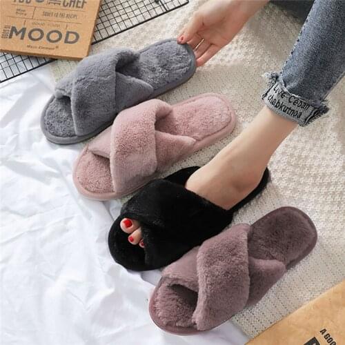Autumn Women Fashion Comfort Plush Slippers For Home Cross Strap Indoor Floor Flat Shoes Ladies Soft Fluffy Slippers Size 36-43