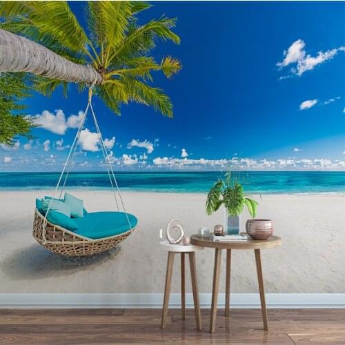 3d Wall Mural Romantic Beach Wallpaper For Walls Swing Coconut Tree Leaves Wallpaper