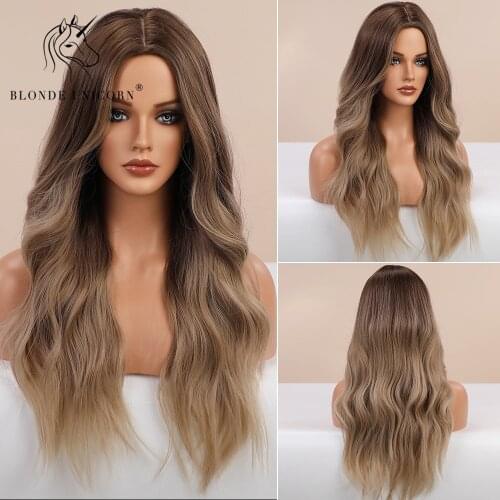 Blonde Unicorn Long Wavy Wig Ombre Brown Cosplay Party Daily Synthetic Hair Wig for Women Heat Resistant Fiber