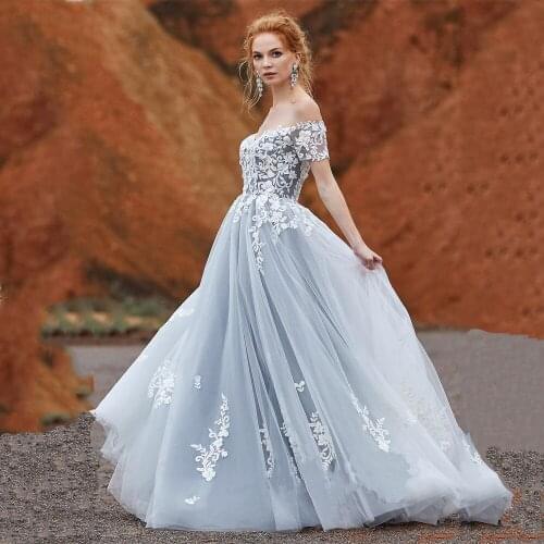 Off Shoulder Appliques Lace Backless Dropped Sleeves Tulle A-Line Wedding Dress Bridal Gown Vestido De Noiva