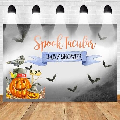 Spook Tacular Baby Shower Photography Backdrops Halloween Theme Newborn Party Background Bat Pumpkin Lantern Gray Backdrop