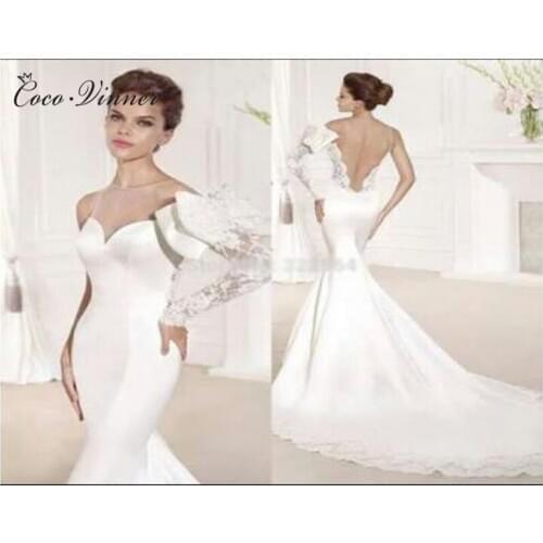 Personality One Shoulder With Bow Satin Mermaid Wedding Dress Backless Custom Made Charming Lace Wedding Dresses W0331