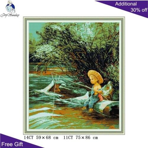 Joy Sunday Fishing Boy RA321 14CT 11CT Counted and Stamped Home Decoration Fishing Needlework Embroidery DIY Cross Stitch kits