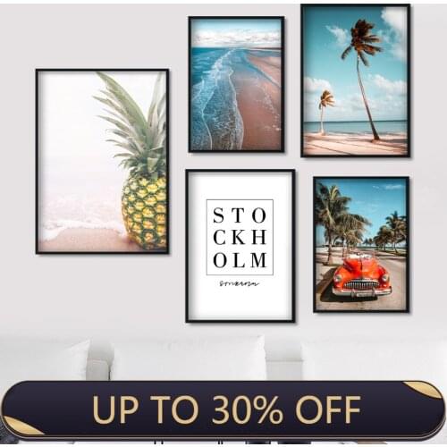 Coconut Tree Sea Beach Pineapple Wall Art Canvas Painting Red Car Nordic Posters And Prints Wall Pictures For Living Room Decor